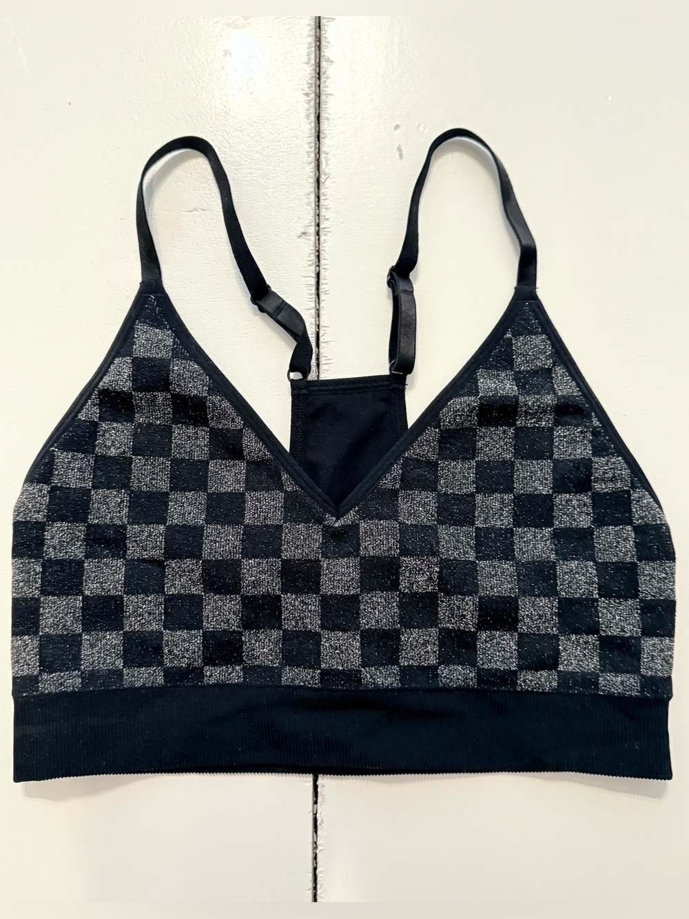 PINK ACTIVE Black and Gray Glitter Checkered V-Neck Bralette